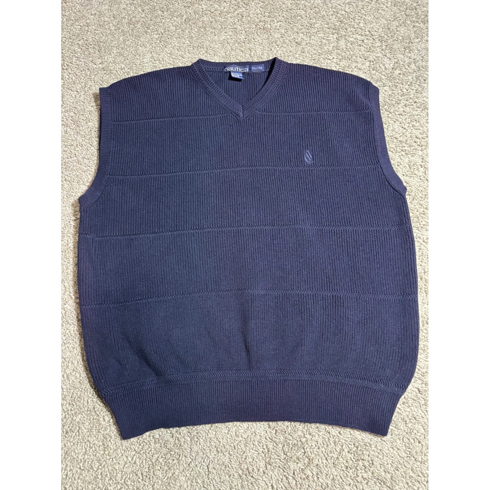 Nautica Mens V-Neck Sweater Vest Navy Blue Ribbed 100% Cotton XL RN67835